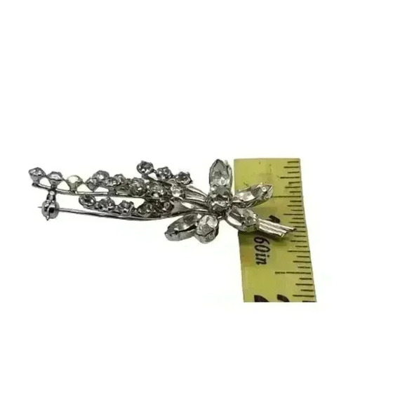 Vintage Clear Rhinestone Brooch Austria Long Stem Flower Spray Tall Layers - Picture 9 of 14
